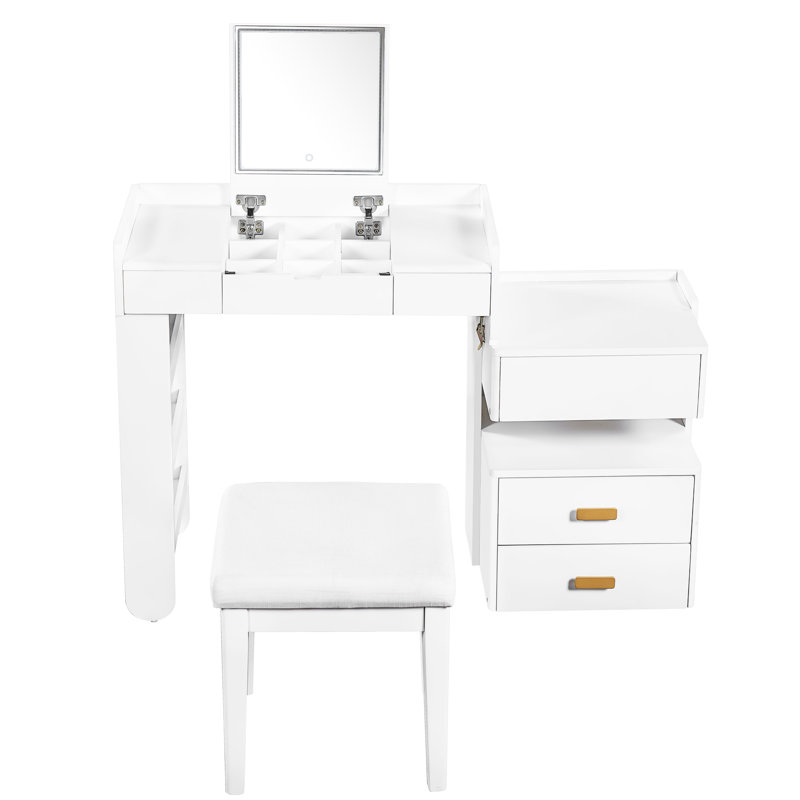 Meuble-lavabo 3 en 1 avec miroir rabattable, éclairage DEL, longueur réglable et grands tiroirs - Coiffeuse multifonctionnelle élégante pour la maison, blanc