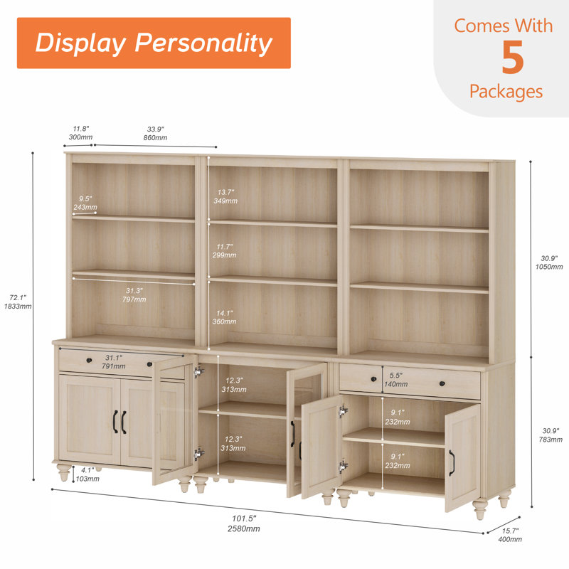 Armoire de cuisine de 72,1 po de hauteur avec 2 tiroirs et 6 portes, chêne clair