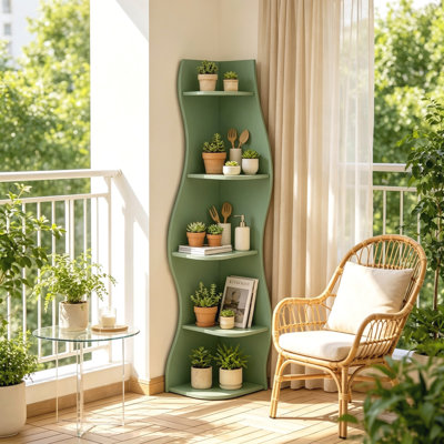 Étagère de coin en forme de S peu encombrante, bibliothèque incurvée autoportante à 5 niveaux, présentoir de plantes décoratives pour le salon, la chambre à coucher, la salle de bain et le bureau personnel