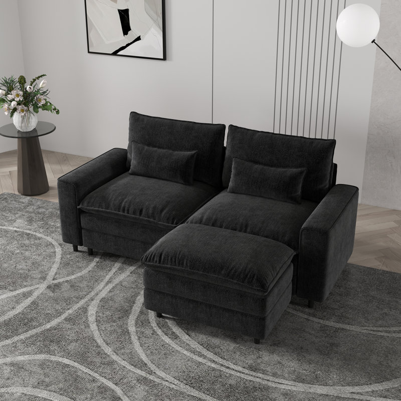 Deep-seat 2-person Chenille Sofa With Ottoman And Lumbar Pillows – Plush, Modern Comfort For Shared Spaces, Black