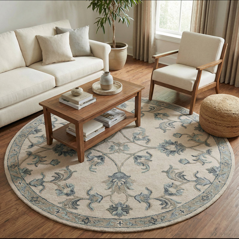Tapis d'intérieur en laine naturel fabriqué à la main Munz, Rond 7 pi 3 po