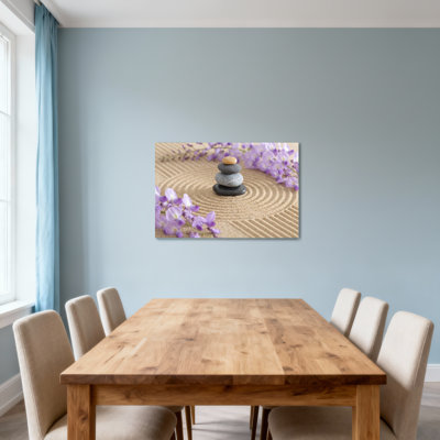 Pierres de jardin zen et fleurs mauves