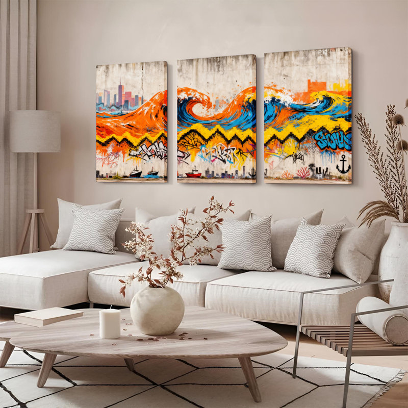 Ensemble de 3 tableaux muraux sur toile à motif de graffiti urbain représentant une vague de ville, H 24 po x l 48 po