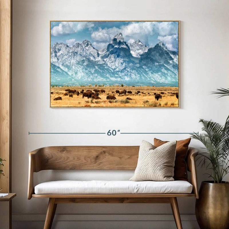 Troupeau de bisons à Grand Teton, Cadre flottant en bois naturel, 46 po x 31 po