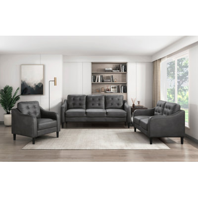 Gray 3Pc Sofa Set Microfiber Upholstered Sofa Loveseat Chair Button-Tufted Contoured Arms Solid Wood Frame Casual Living Room Furniture -  Corrigan StudioÂ®, AD04C0E9CFDE4C1B840AEA1DE6C640AB