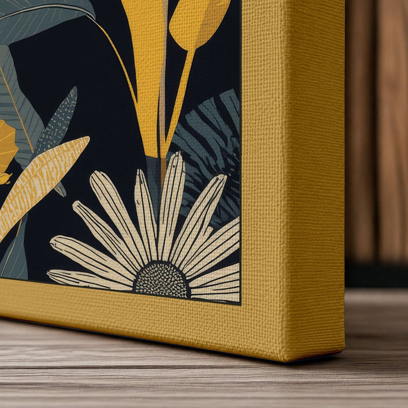 Navy Pattern Botanical - Wrapped Canvas, 18x12 - 45.7 x 30.5 cm, Ochre Border