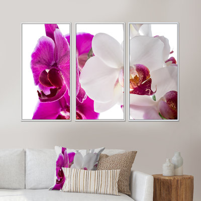 Blooming Orchid Flowers - 3 pièces, cadre photo flottant sur toile