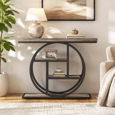 Console industrielle de 41,3 po, canapé gris à 4 niveaux avec cadre métallique circulaire unique et tablettes de rangement, table d'appoint étroite pour le salon, le couloir et le vestibule
