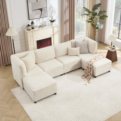6-Piece Comfy U-Shaped Sectional Upholstered Chenille Modular Sofa Reversible Chaise