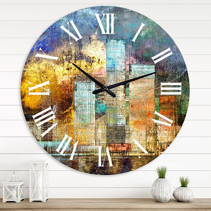 Paysage urbain de gratte-ciel dans la ville moderne II - Horloge murale moderne, Surdimensionné