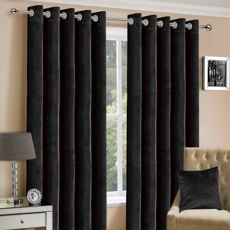 Hollange Crushed Velvet Eyelet Windows Panel Curtains, Black, 228 W x 228 D cm
