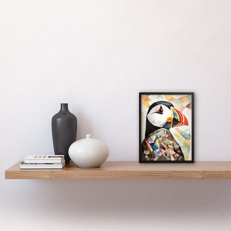 Puffin Bird Abstract Portrait Folk Art Artwork Framed Wall Art Print 9X7 Inch