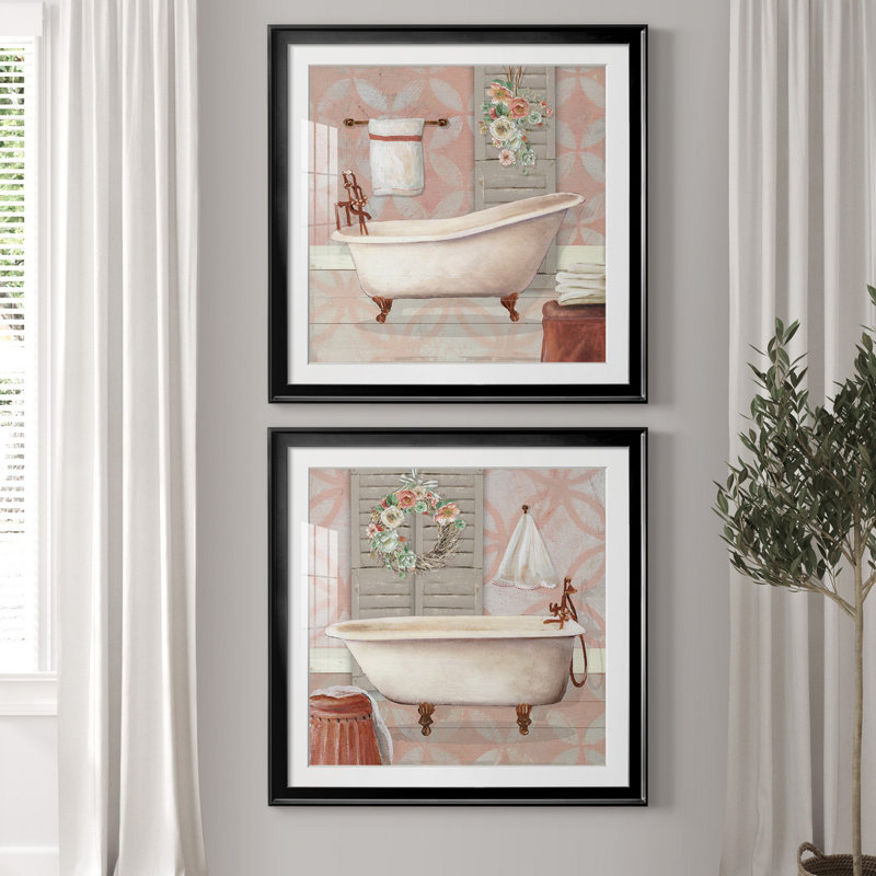 «Blush Bath I», ensemble de 2 reproductions sur toiles tendues, H 26,5 po x l 53 po x P 1,5 po, Papier avec cadre noir, Blanc
