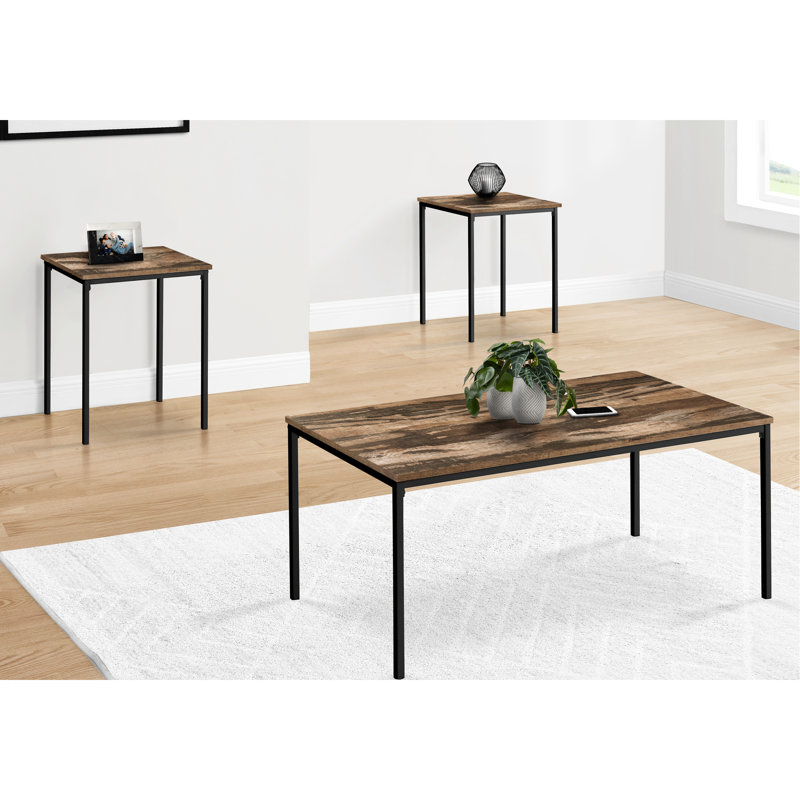 Table basse à la mode 3: brun moderne stratifié récupéré et métal Union moderne et 2 tables de bout avec décoration