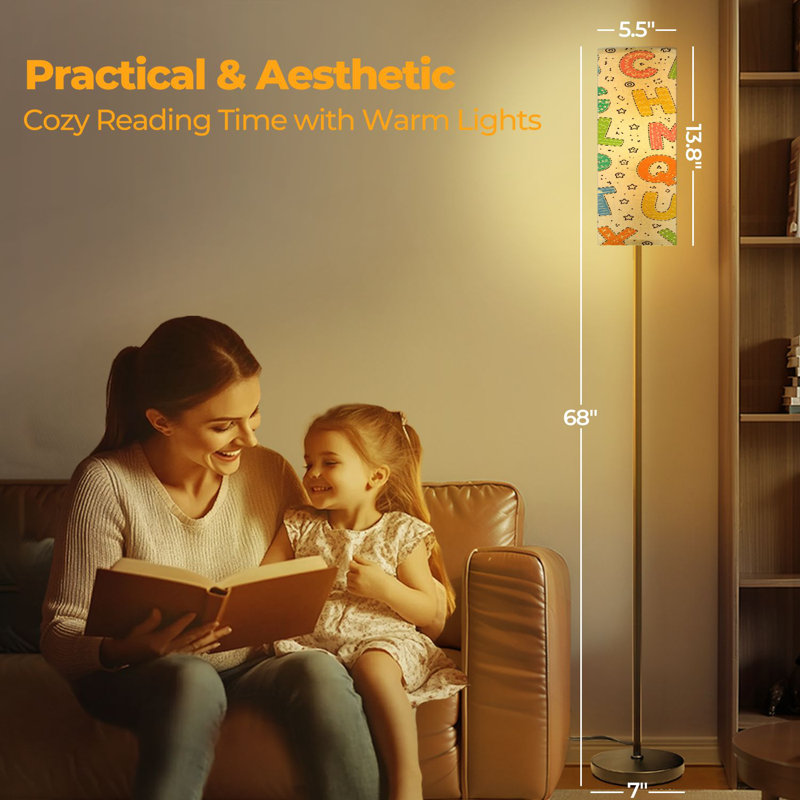  68.5" Standing Floor Lamp ABC seamless simple cartoon style Cute dinosaur alphabet print hand Dimmable Metal Pole Lamp with Linen Lampshade LED Bulb Included