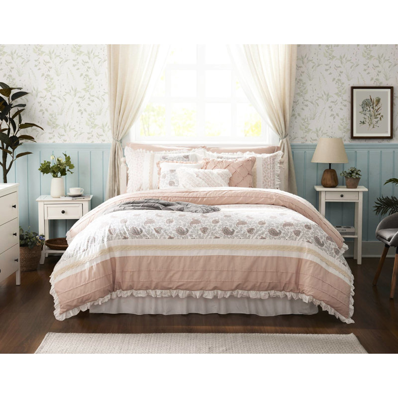 Édredon très grand Dawn Blush - 9 pièces en coton avec imprimé cachemire, bride, 2 taies décoratives, 3 coussins décoratifs Euro et tissu teint