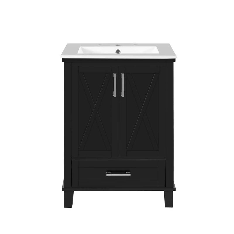 Meuble-lavabo de 24 pouces avec lavabo simple en céramique, armoire avec deux tablettes de rangement, Noir