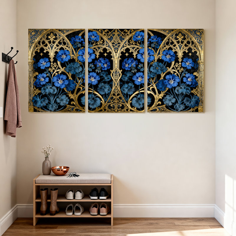 Plantes et fleurs, fleurs bleues, or et motif gothique, ensemble de 3 impressions sur toile, H 24 po x l 16 po