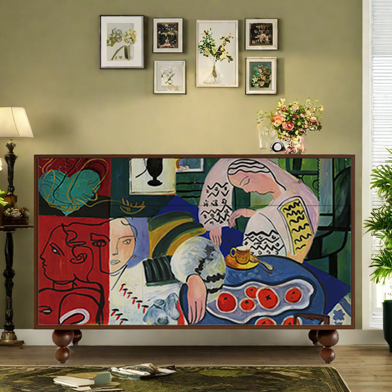 Abstract Retro Entryway Accent Cabinet Sideboard, Walnut + Multicolour