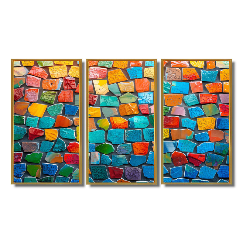 Alexei - Ensemble d'art mural mosaïque Boho, Toile avec cadre flottant or, H 32 po x l 48 po x P 1 po