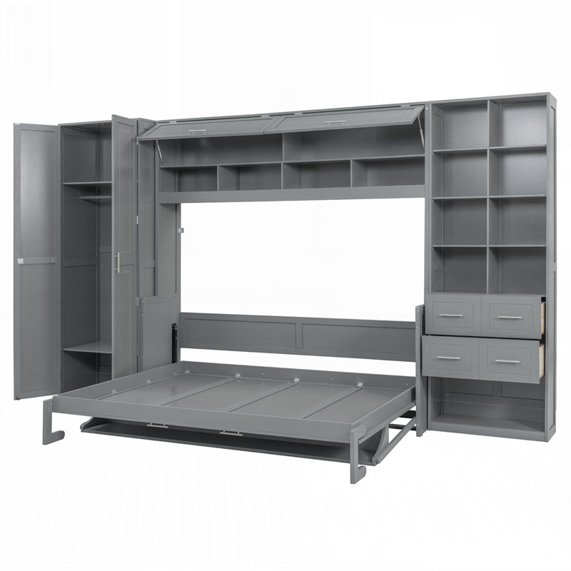 Lit escamotable mural avec tiroirs et tablettes Murphy, Gris