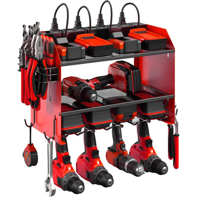 Wall Mounted Storage Rack For Power Tools With A Charging Station, Garage Drill Storage Rack With 8 Outlet Power Strip,