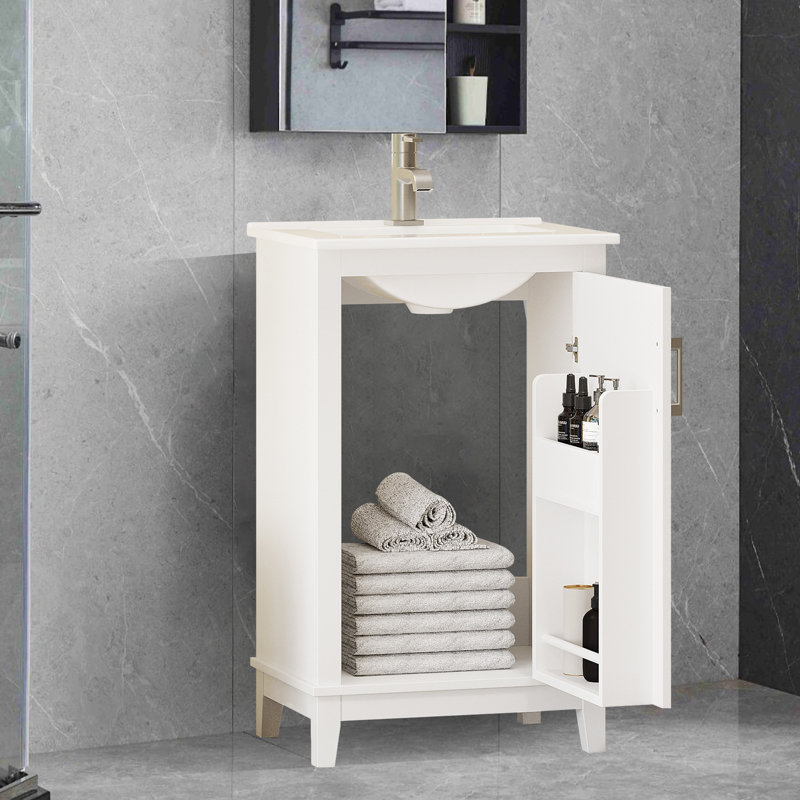 Petit meuble-lavabo moderne avec lavabo en céramique et beaucoup de rangement, Blanc