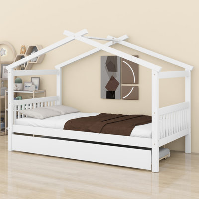 Wooden House Bed With Trundle