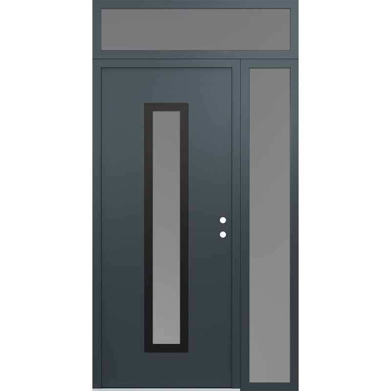 Porte d'entrée pré-suspendue à panneau en acier noir Diamond A11 avec panneau latéral et traverse, L 51,25 po x H 95,69 po