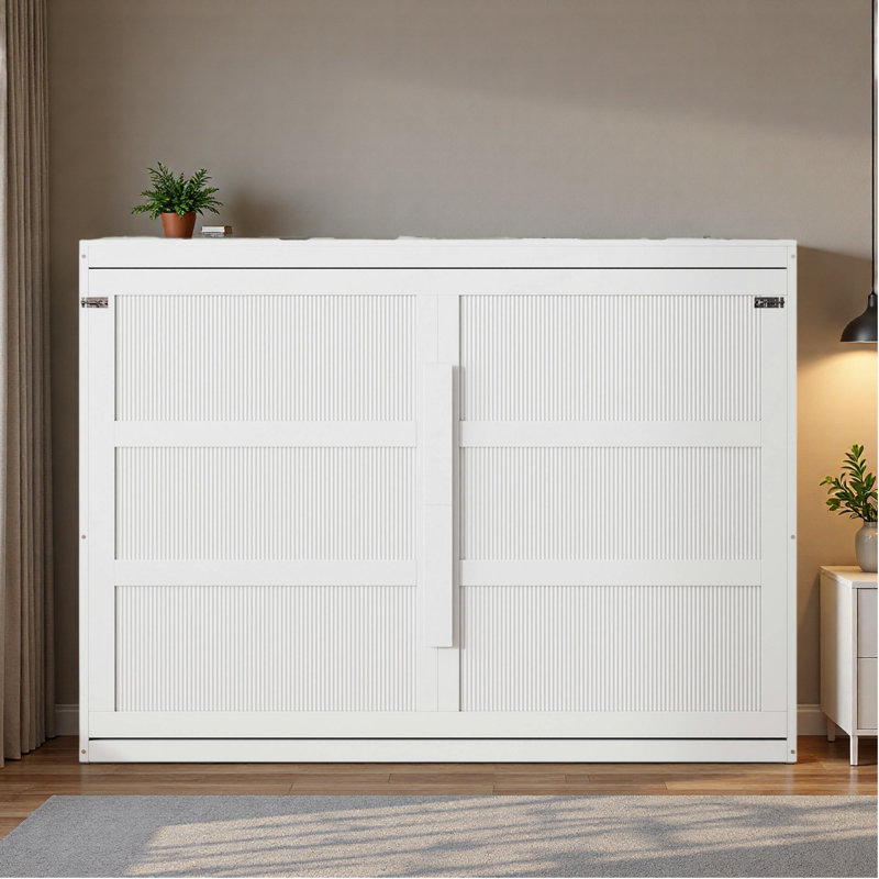 Queen Murphy Bed Cabinet With Lights, White