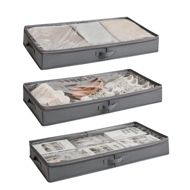 3 Pack Under Bed Storage Containers, Low Profile Underbed Shoes And Clothes Storage Organizer With Sturdy Sidewalls/Bottom
