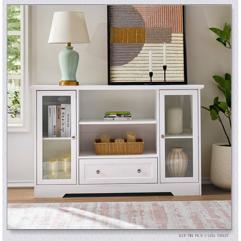 Buffet de style campagnard avec tablettes réglables, tiroirs et portes en verre pour un rangement polyvalent dans la cuisine