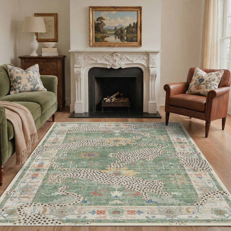 Allandale Leopard Print Green / Beige Machine Washable Non-Slip Area Rug, Green, Rectangle 8' x 10'