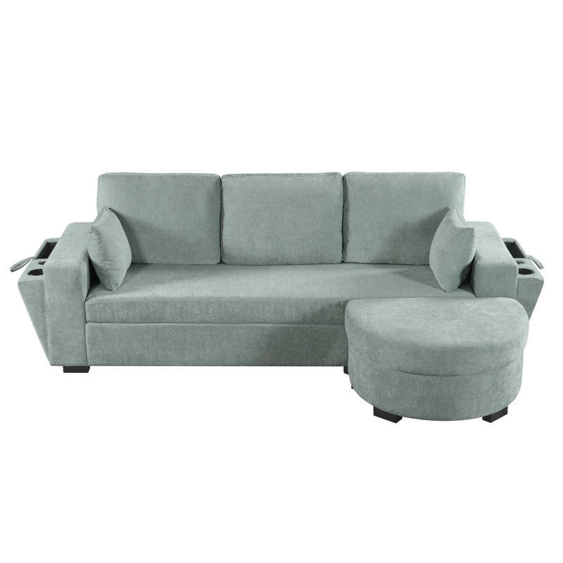 Canapé d'angle avec pouf de rangement, ports USB et porte-gobelets, Chenille bleu-vert