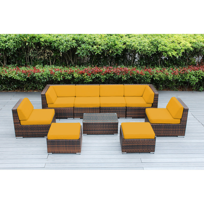 Ensemble de conversation en osier pour 8 personnes avec coussins - aucun assemblage, Toile Sunbrella® jaune tournesol