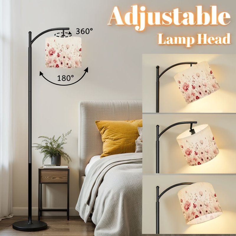 Lampe sur pied à arc avec abat-jour réglable Bouquet floral doux anémones teintes roses rouges Boho Spring Decor Lampe sur pied 3 températures de couleur à intensité variable Lampe sur pied avec interrupteur au pied pour la chambre à coucher