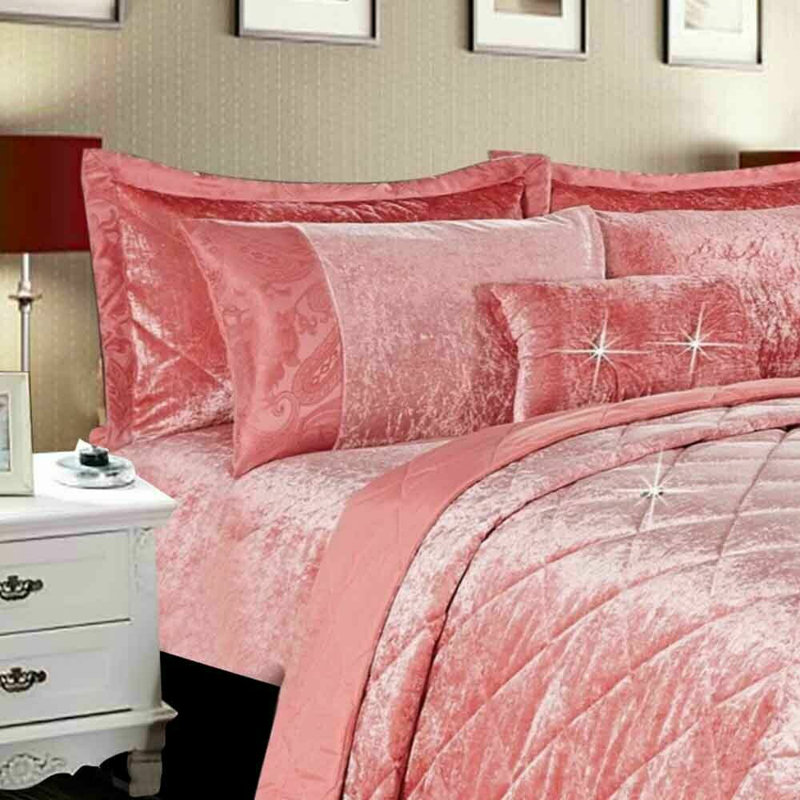 Santiago Crushed Velvet Bedspread Set Premium Soft Microfiber Reverse and Standard Pillow Shams, Pink
