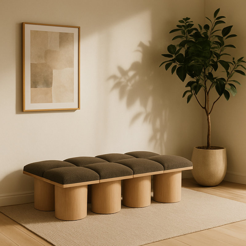 Banc rembourré Horatia, Tissu brun bouclé, Naturel, H 17,5 po x l 62 po x P 36 po