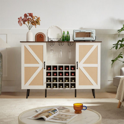 Rattan Barn Door Wine Cabinet with Wine Rack and Glass Rack