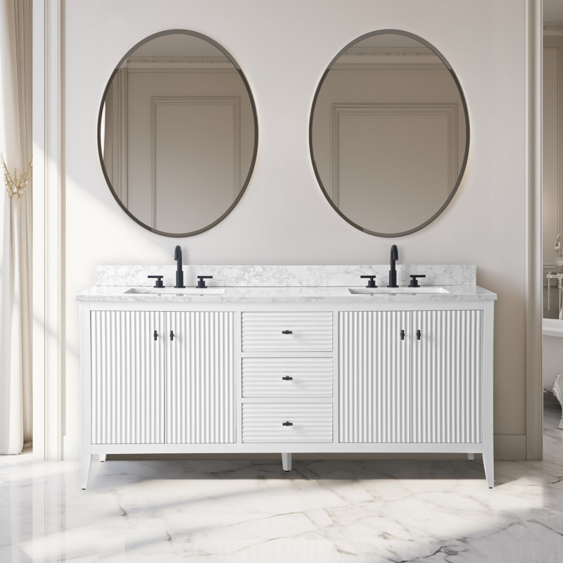 Laval 72" Double Sink Freestanding Bathroom Vanity with Engineered Marble Top, Linear White, Matte Black