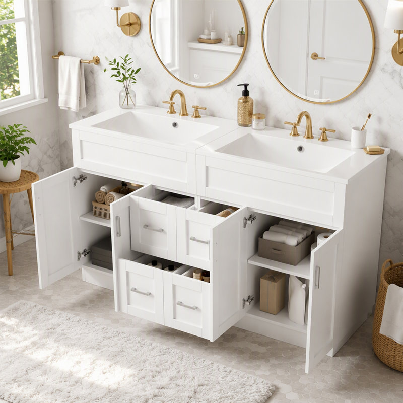 Bathroom Vanity with Top, White+Silver, Center Drawers, 60"W