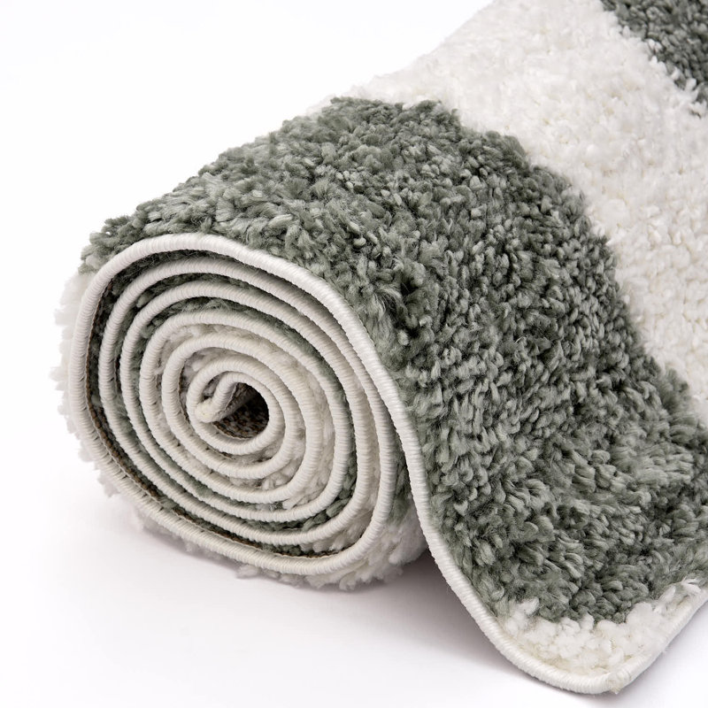 Moodi Modern Shaggy Area Rug Abstract Pebble Design, Rectangle 80 x 150 cm, Off-White/Green