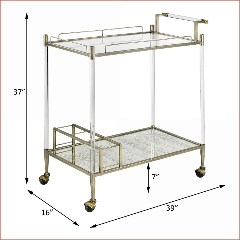 Serving Cart with Wine Holder, 31”L x14”W x24”H, Antique Mirror &amp; Brass Accents | Glass+Metal