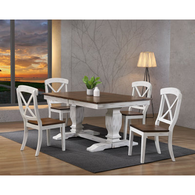 Claudell 7-piece Extendable Solid Wood Dining Set in Distressed White & Brown With Gear Driven Takeout Leaf (seats 4-6)