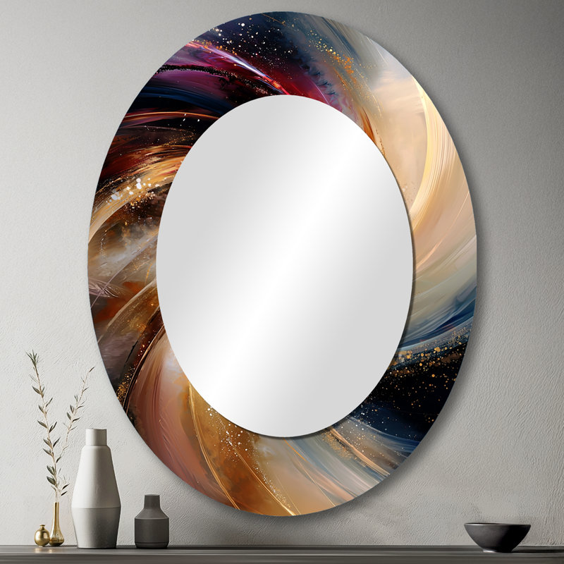 Spirales abstraites dans des tons dorés et mauves II - Miroir décoratif abstrait ovale sur métal, 43 po x 33 po