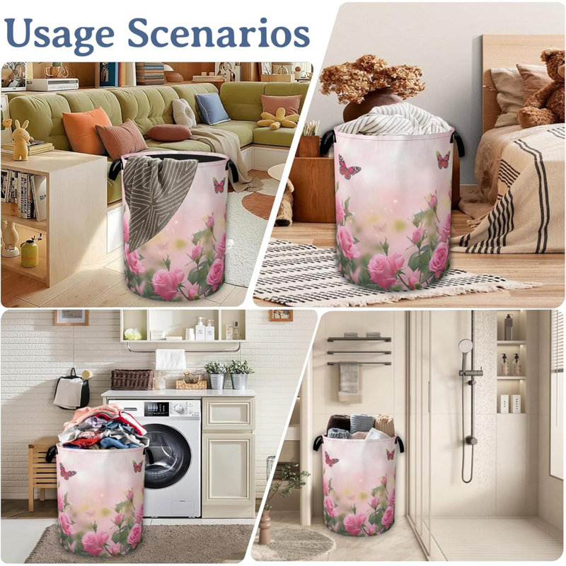 Butterfly Laundry Basket,Oxford Cloth  Rose Laundry Hamper With Handle Foldable Portable Clothes Storage Basket For Laundry Room/Bedroom/Bathroom