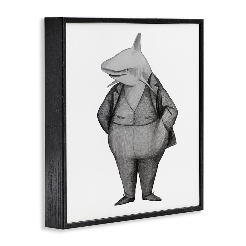 Requin en costume, estampe numérique, design par Violeta Vollmer, H 17 po x l 17 po, Giclée noire de minuit encadrée