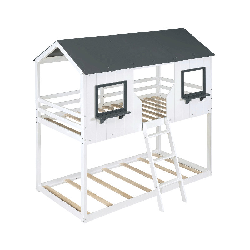 Lit double superposé en bois avec toit et fenêtres (blanc)