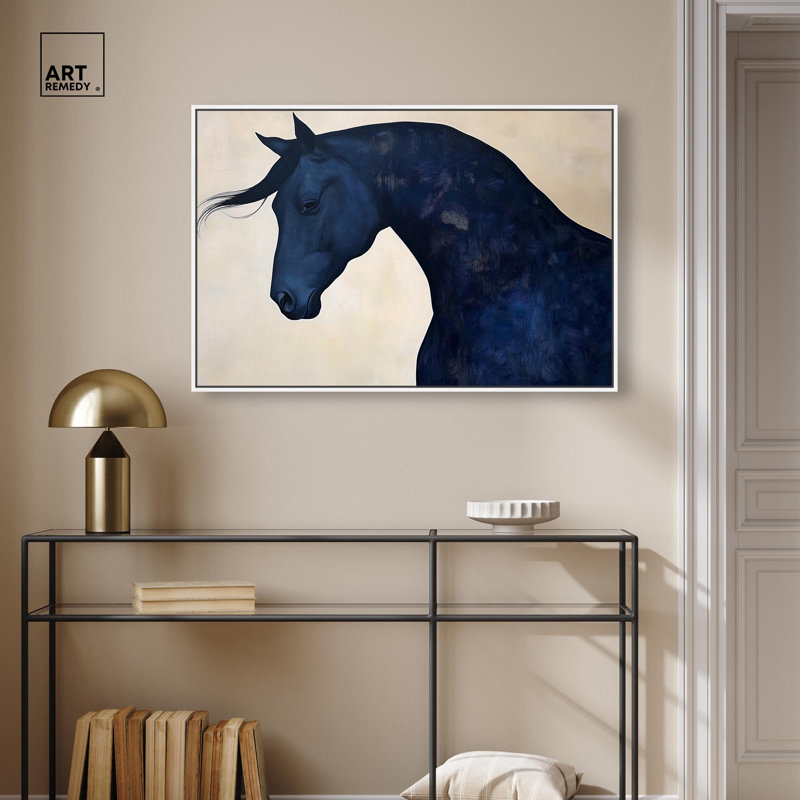 Décoration murale bleue "Blue Horse I" par , H 25 po x l 37 po, Cadre flottant blanc