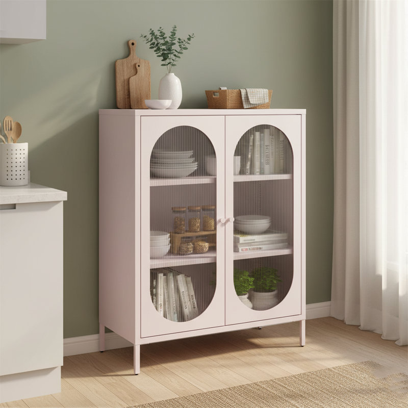 Armoire d'appoint courte à 2 portes, structure en métal avec portes en verre cannelé et tablettes réglables